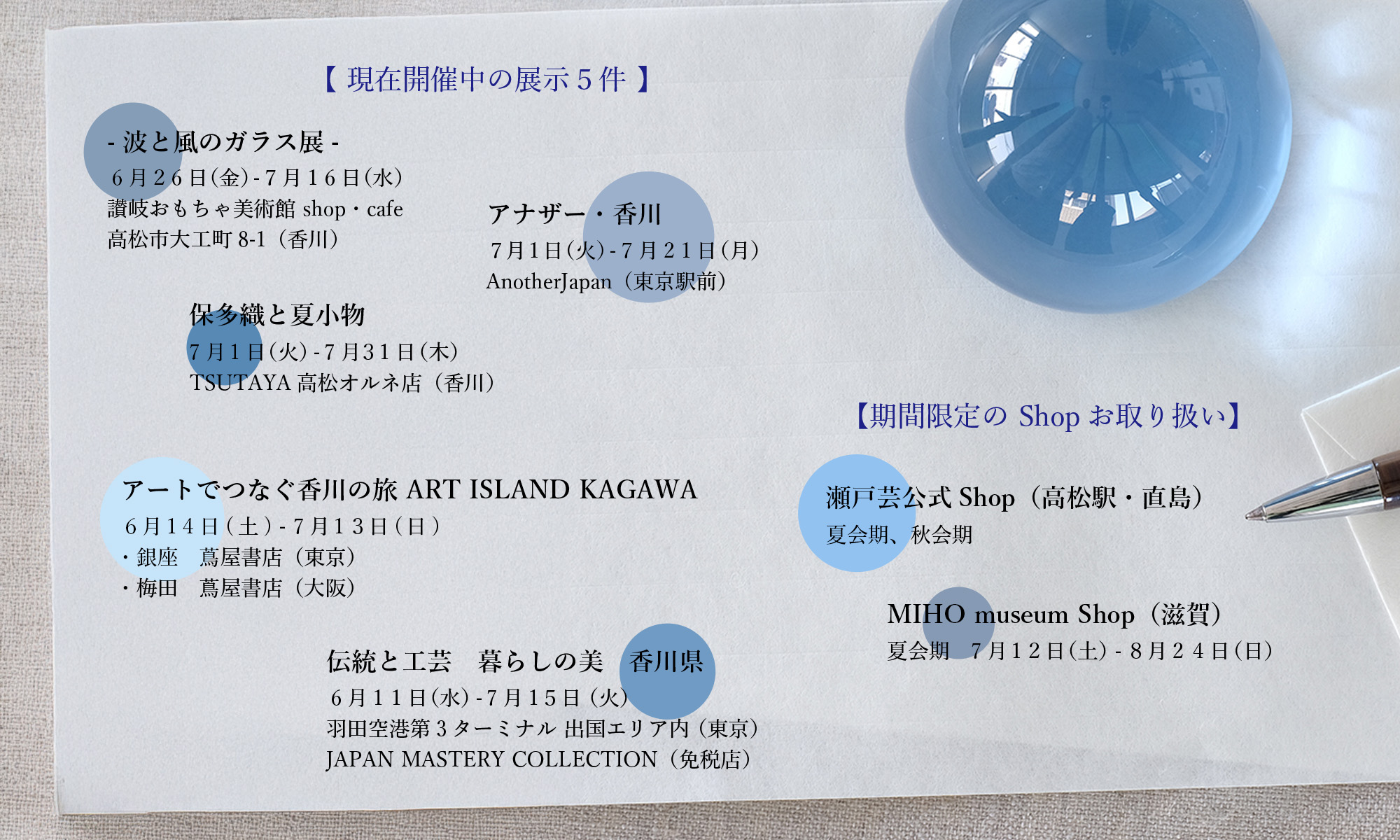 讃岐おもちゃ美術館、TSUTAYA高松オルネ店、アナザー・香川、羽田空港第3ターミナル 出国エリア内、瀬戸芸公式Shop、MIHOmuseumShop